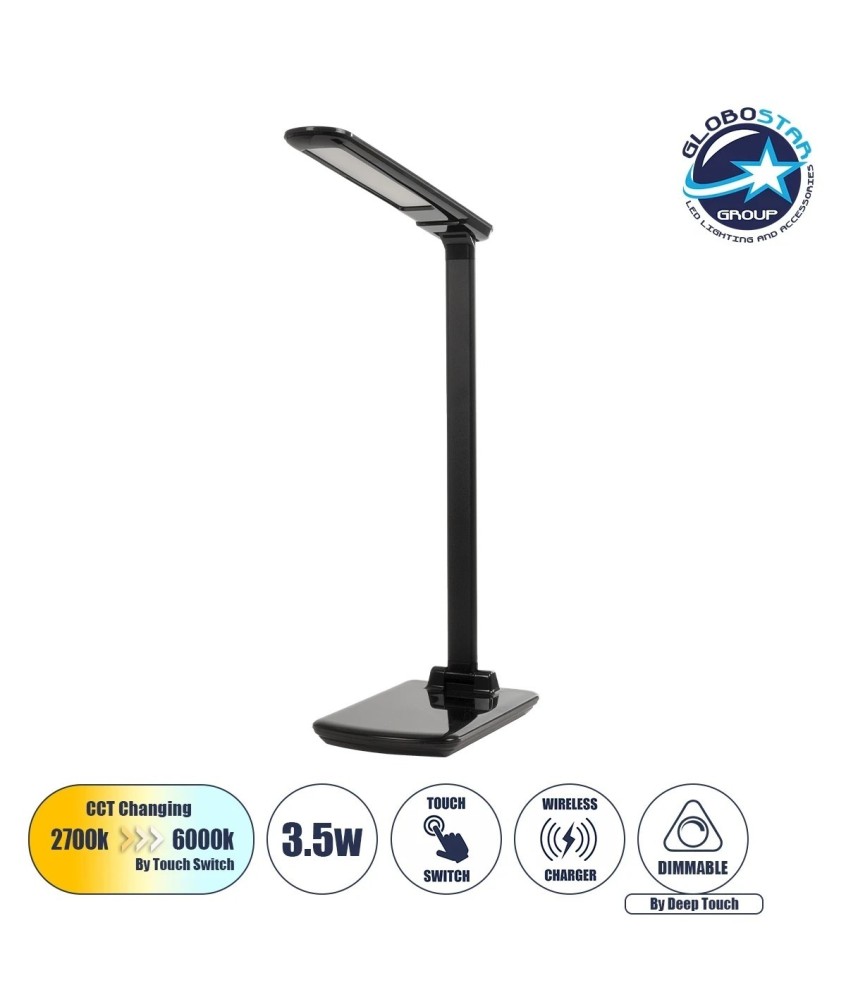 GLOBOSTAR® ONO 76533 Μοντέρνο Επιτραπέζιο Φωτιστικό Γραφείου με Ασύρματη Φόρτιση 10W 2A LED 3.5W 350lm 90° DC 5V με USB-C IP20 Ρυθμιζόμενο Λευκό CCT με Αφή 2700K-4500K-6000K Dimmable - Sanan SMD Chip - Μαύρο - Μ18 x Π12 x Υ36cm - 2 Χρόνια Εγγύηση